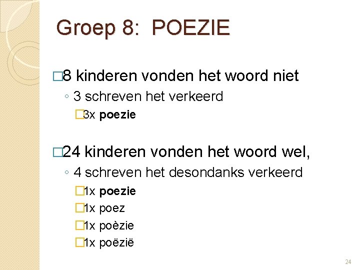 Groep 8: POEZIE � 8 kinderen vonden het woord niet ◦ 3 schreven het
