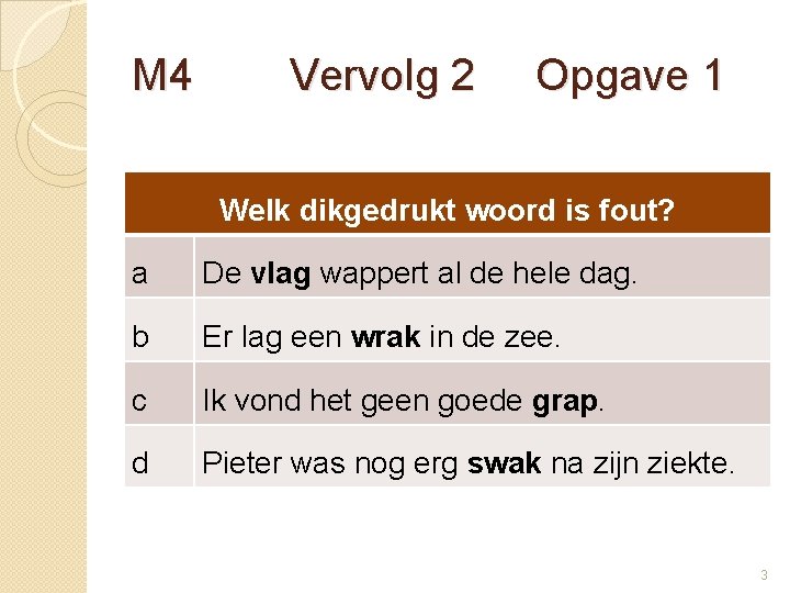 M 4 Vervolg 2 Opgave 1 Welk dikgedrukt woord is fout? a De vlag
