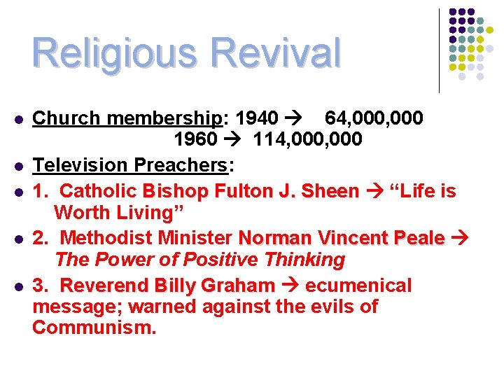 Religious Revival l l Church membership: 1940 64, 000 1960 114, 000 Television Preachers:
