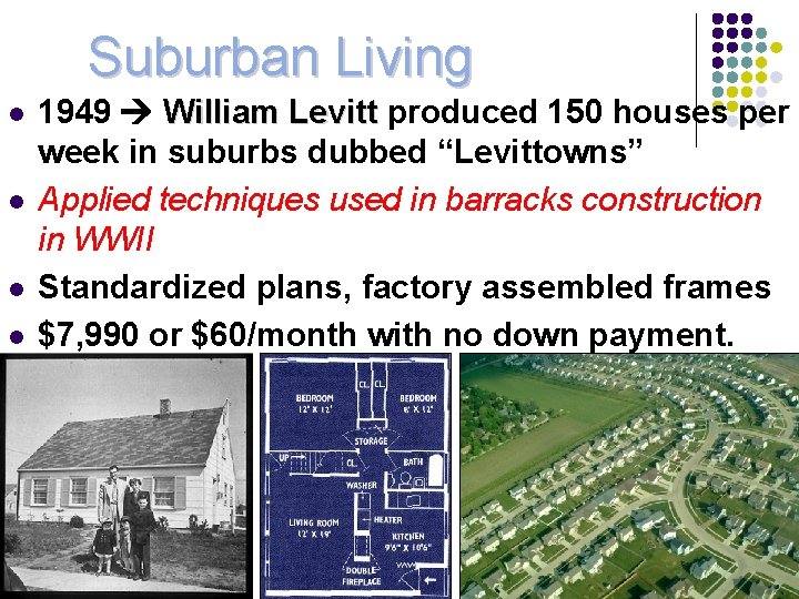 Suburban Living l l 1949 William Levitt produced 150 houses per week in suburbs