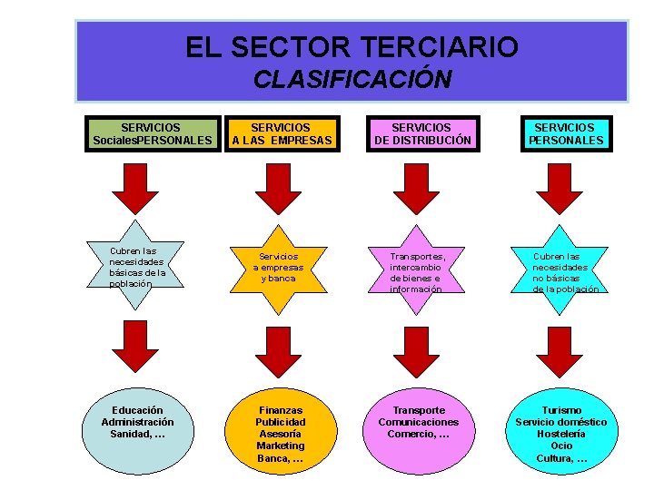 EL SECTOR TERCIARIO CLASIFICACIÓN SERVICIOS Sociales. PERSONALES Cubren las necesidades básicas de la población EL SECTOR TERCIARIO CLASIFICACIÓN SERVICIOS Sociales. PERSONALES Cubren las necesidades básicas de la población