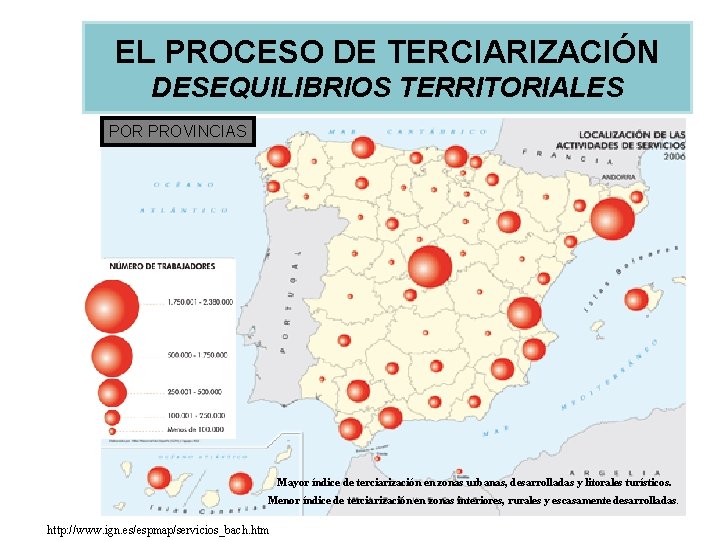 EL PROCESO DE TERCIARIZACIÓN DESEQUILIBRIOS TERRITORIALES POR PROVINCIAS Mayor índice de terciarización en zonas EL PROCESO DE TERCIARIZACIÓN DESEQUILIBRIOS TERRITORIALES POR PROVINCIAS Mayor índice de terciarización en zonas