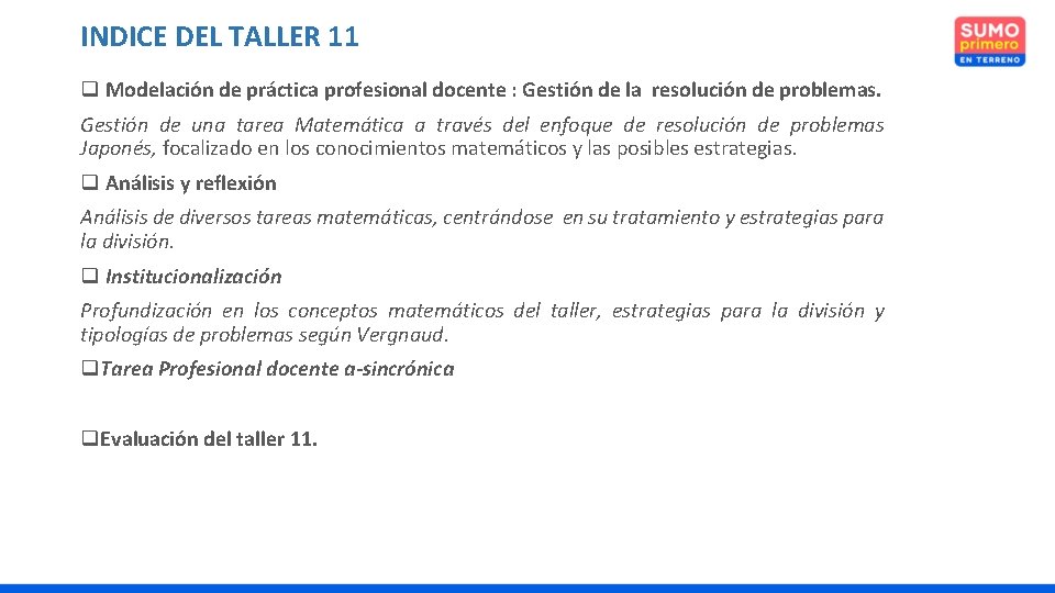 INDICE DEL TALLER 11 q Modelación de práctica profesional docente : Gestión de la