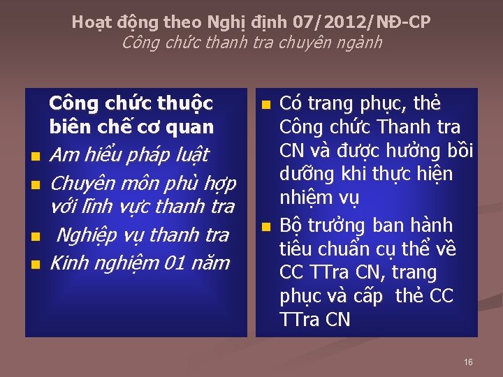 Hoạt động theo Nghị định 07/2012/NĐ-CP Công chức thanh tra chuyên ngành Công chức