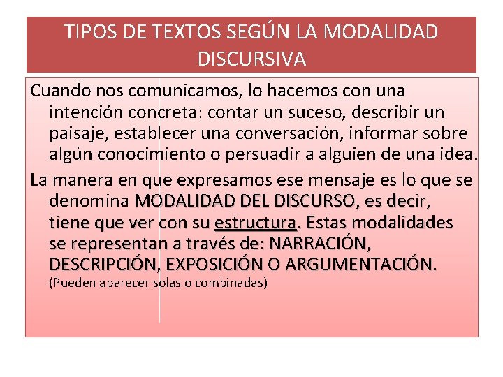 TIPOS DE TEXTOS SEGÚN LA MODALIDAD DISCURSIVA Cuando nos comunicamos, lo hacemos con una