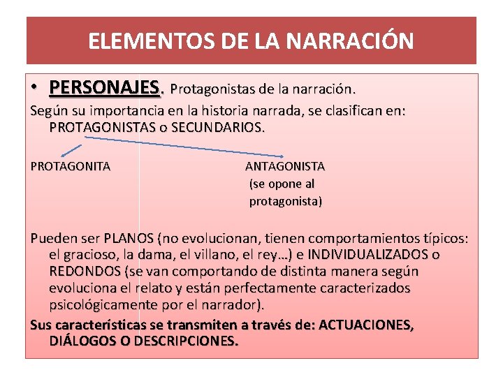 ELEMENTOS DE LA NARRACIÓN • PERSONAJES. Protagonistas de la narración. Según su importancia en