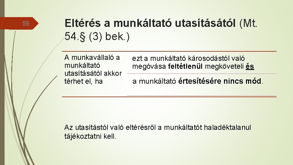 55 Eltérés a munkáltató utasításától (Mt. 54. § (3) bek. ) A munkavállaló a