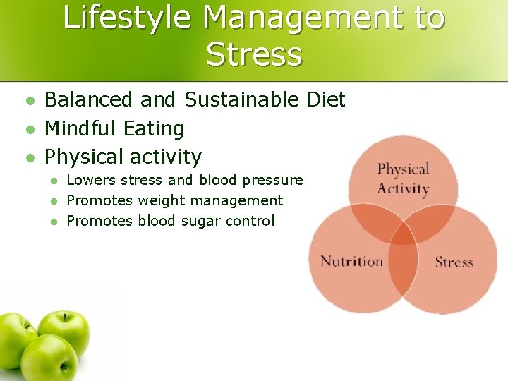 Lifestyle Management to Stress l l l Balanced and Sustainable Diet Mindful Eating Physical