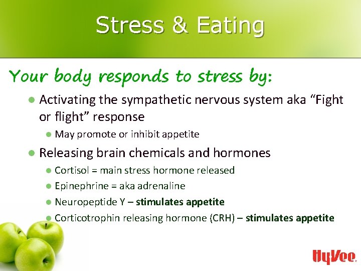 Stress & Eating Your body responds to stress by: l Activating the sympathetic nervous