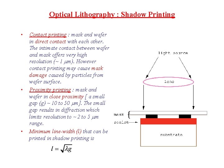 Optical Lithography : Shadow Printing • • • Contact printing : mask and wafer