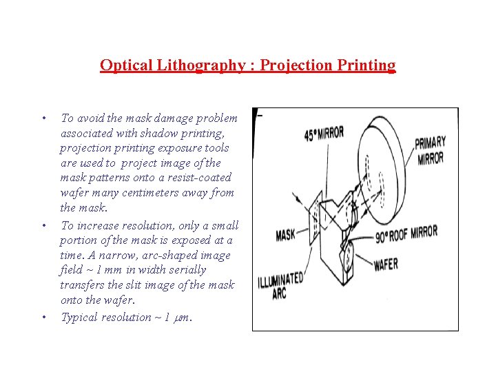 Optical Lithography : Projection Printing • • • To avoid the mask damage problem