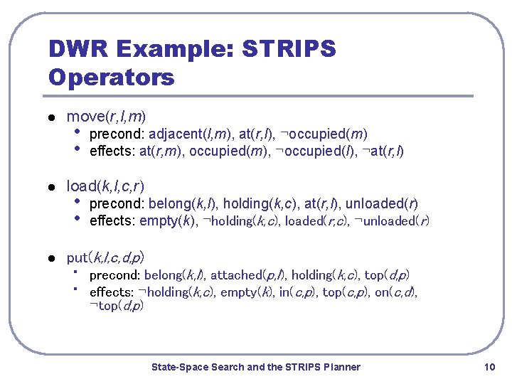 DWR Example: STRIPS Operators l l l move(r, l, m) • • precond: adjacent(l,