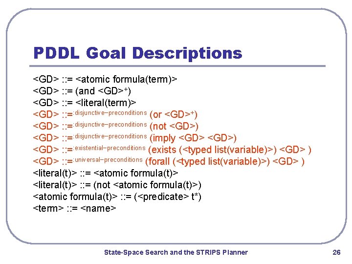 PDDL Goal Descriptions <GD> : : = <atomic formula(term)> <GD> : : = (and