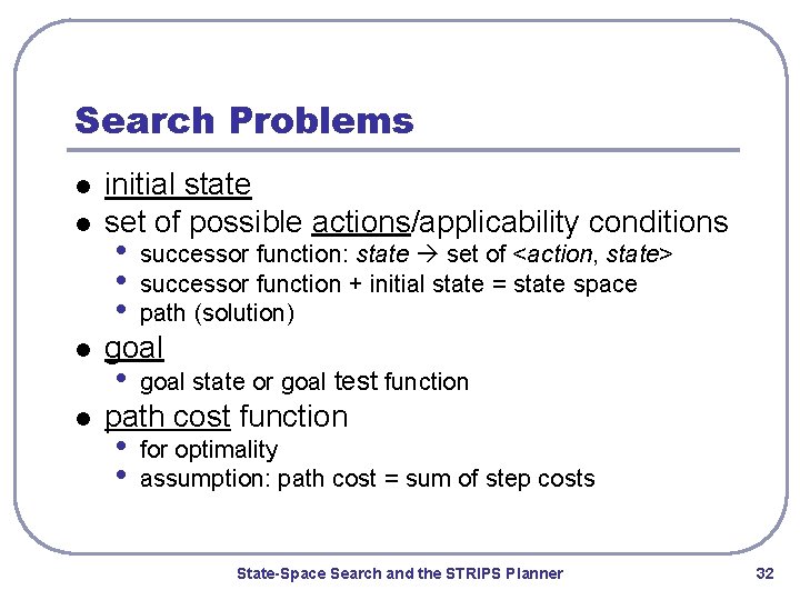 Search Problems l l initial state set of possible actions/applicability conditions • • •