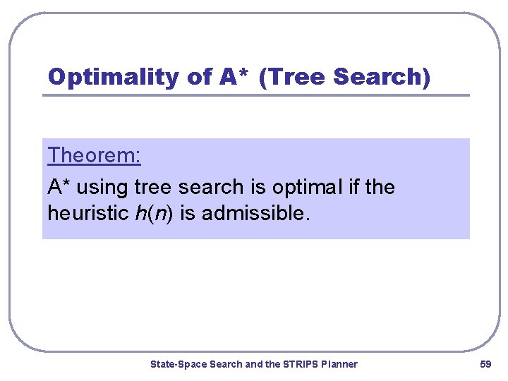 Optimality of A* (Tree Search) Theorem: A* using tree search is optimal if the