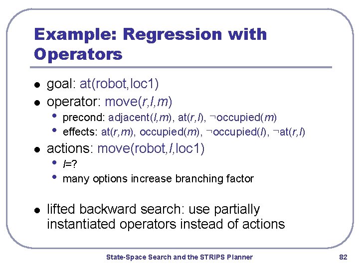 Example: Regression with Operators l l goal: at(robot, loc 1) operator: move(r, l, m)