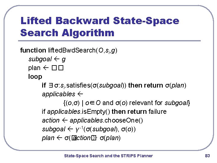 Lifted Backward State-Space Search Algorithm function lifted. Bwd. Search(O, si, g) subgoal g plan