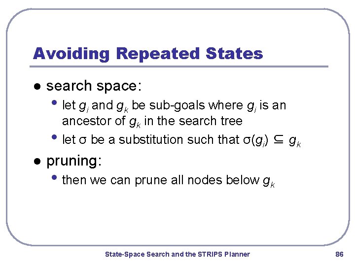 Avoiding Repeated States l search space: • let gi and gk be sub-goals where