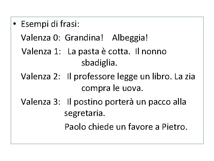 • Esempi di frasi: Valenza 0: Grandina! Albeggia! Valenza 1: La pasta è • Esempi di frasi: Valenza 0: Grandina! Albeggia! Valenza 1: La pasta è