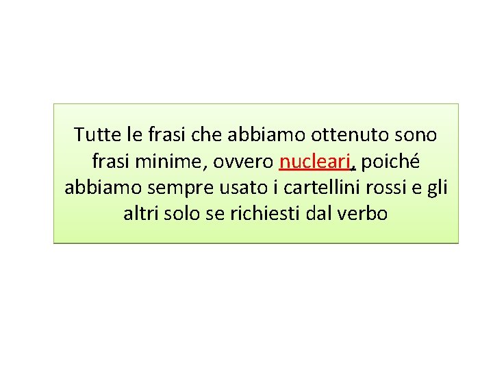 Tutte le frasi che abbiamo ottenuto sono frasi minime, minime ovvero nucleari, poiché abbiamo Tutte le frasi che abbiamo ottenuto sono frasi minime, minime ovvero nucleari, poiché abbiamo