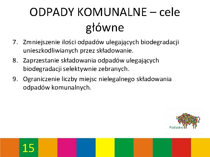 ODPADY KOMUNALNE – cele główne 7. Zmniejszenie ilości odpadów ulegających biodegradacji unieszkodliwianych przez składowanie.