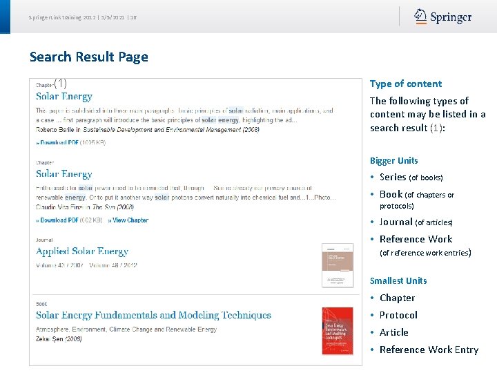 Springer. Link training 2012 | 3/5/2021 | 16 Search Result Page (1) Type of