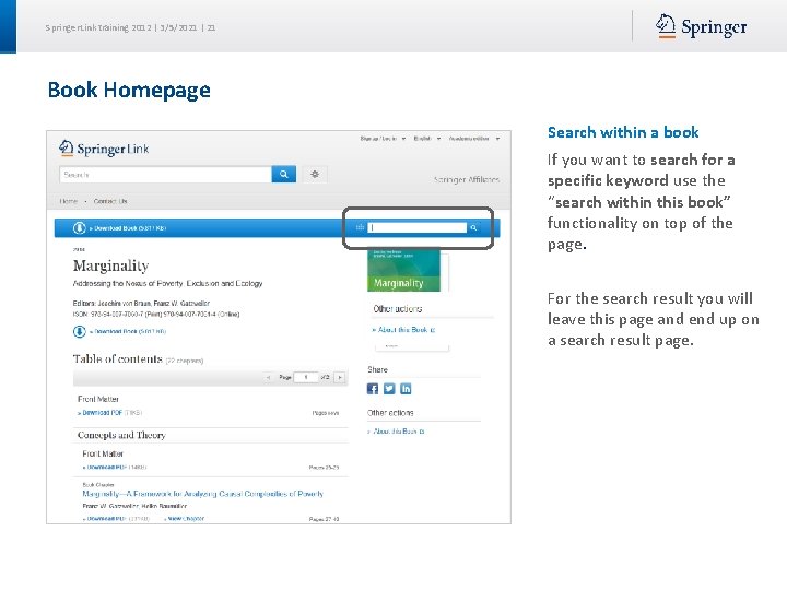 Springer. Link training 2012 | 3/5/2021 | 21 Book Homepage Search within a book