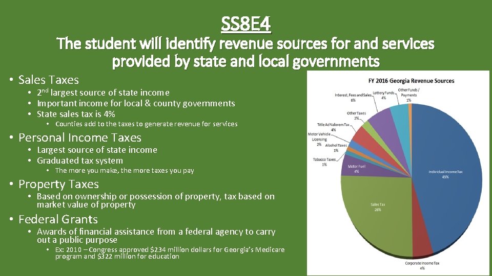 SS 8 E 4 The student will identify revenue sources for and services provided SS 8 E 4 The student will identify revenue sources for and services provided