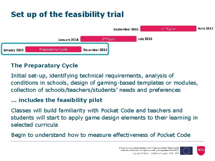 Set up of the feasibility trial The Preparatory Cycle Initial set-up, identifying technical requirements,