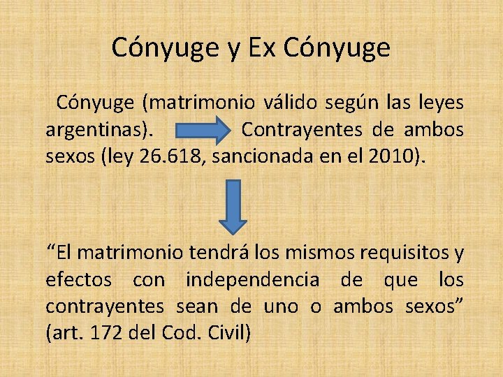 Cónyuge y Ex Cónyuge (matrimonio válido según las leyes argentinas). Contrayentes de ambos sexos