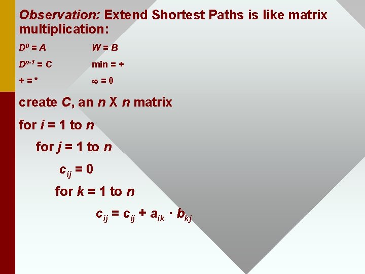 Observation: Extend Shortest Paths is like matrix multiplication: D 0 = A W=B Dn-1