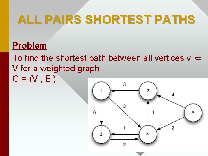 ALL PAIRS SHORTEST PATHS Problem To find the shortest path between all vertices v