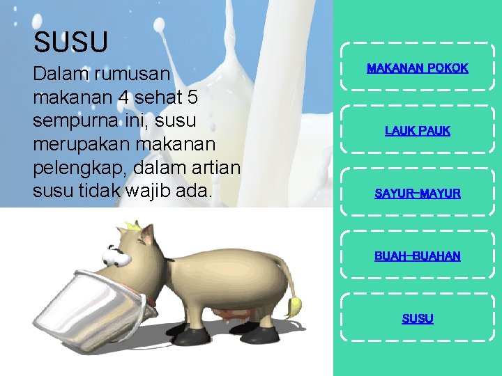 SUSU Dalam rumusan makanan 4 sehat 5 sempurna ini, susu merupakan makanan pelengkap, dalam