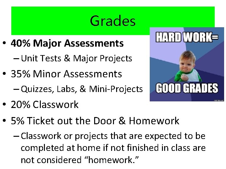 Grades • 40% Major Assessments – Unit Tests & Major Projects • 35% Minor