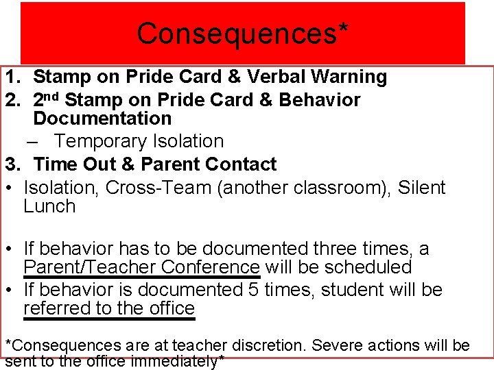 Consequences* 1. Stamp on Pride Card & Verbal Warning 2. 2 nd Stamp on