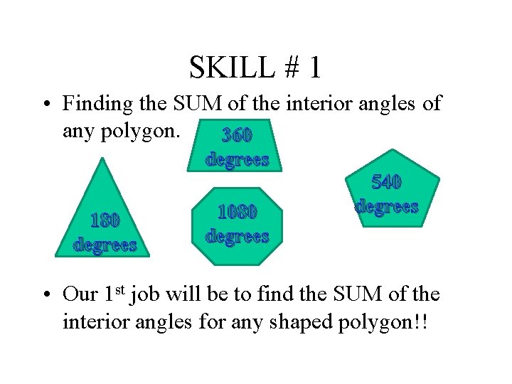 SKILL # 1 • Finding the SUM of the interior angles of any polygon. SKILL # 1 • Finding the SUM of the interior angles of any polygon.