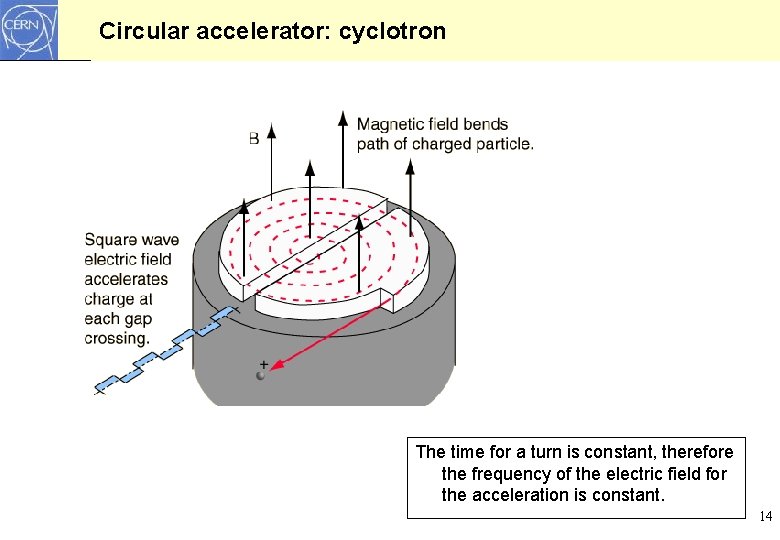 Circular accelerator: cyclotron The time for a turn is constant, therefore the frequency of