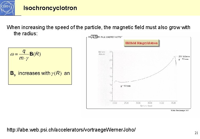 Isochroncyclotron When increasing the speed of the particle, the magnetic field must also grow