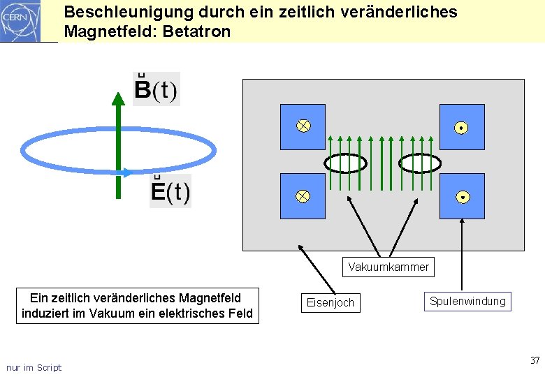 Beschleunigung durch ein zeitlich veränderliches Magnetfeld: Betatron Vakuumkammer Ein zeitlich veränderliches Magnetfeld induziert im