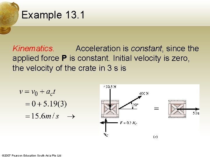 Example 13. 1 Kinematics. Acceleration is constant, since the applied force P is constant.
