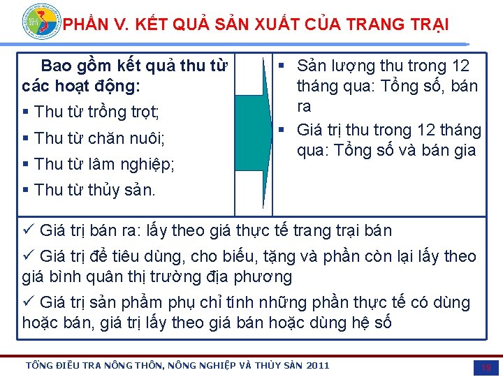 PHẦN V. KẾT QUẢ SẢN XUẤT CỦA TRANG TRẠI Bao gồm kết quả thu