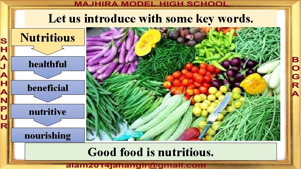 Let us introduce with some key words. Nutritious healthful beneficial nutritive nourishing Good food