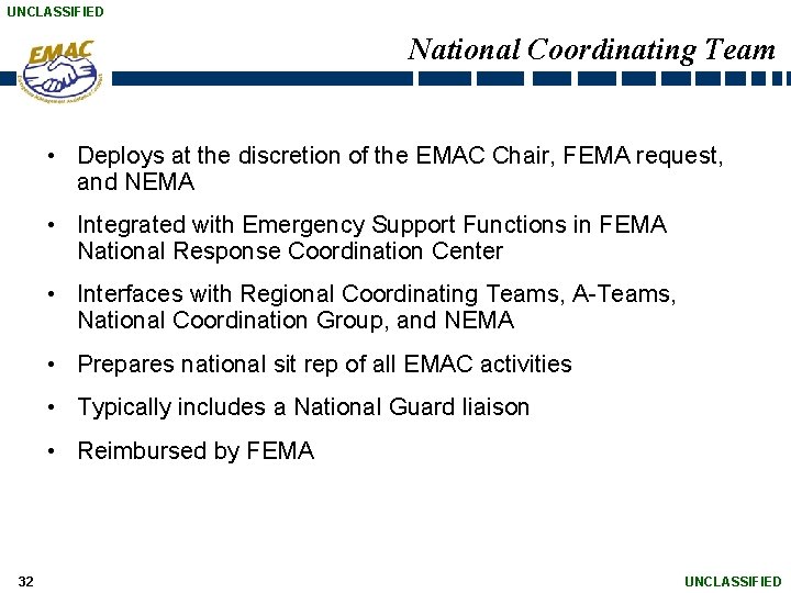 UNCLASSIFIED National Coordinating Team • Deploys at the discretion of the EMAC Chair, FEMA