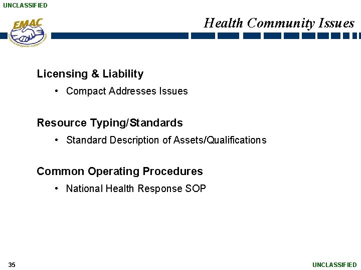 UNCLASSIFIED Health Community Issues Licensing & Liability • Compact Addresses Issues Resource Typing/Standards •