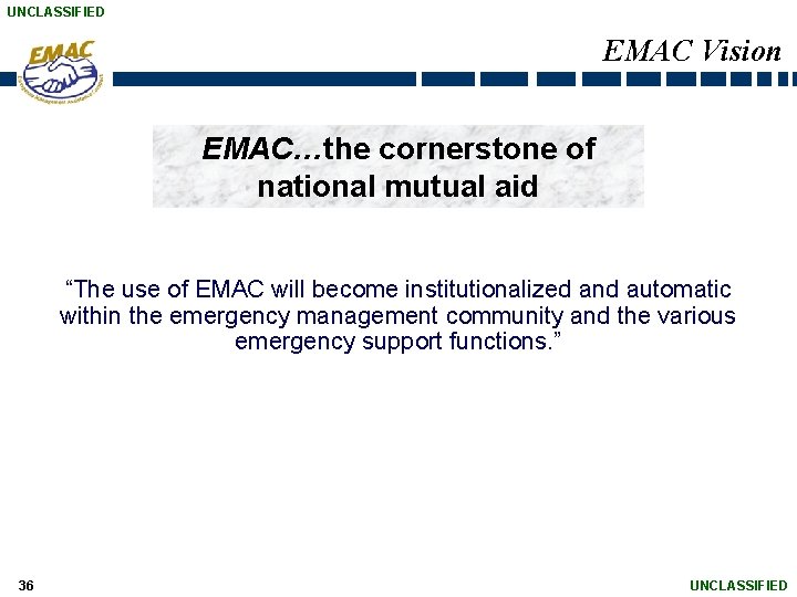 UNCLASSIFIED EMAC Vision EMAC…the cornerstone of national mutual aid “The use of EMAC will