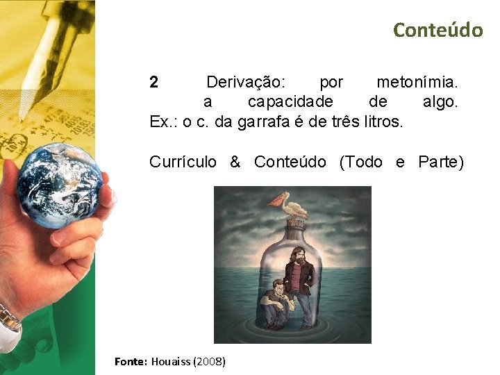 Conteúdo 2 Derivação: por metonímia. a capacidade de algo. Ex. : o c. da