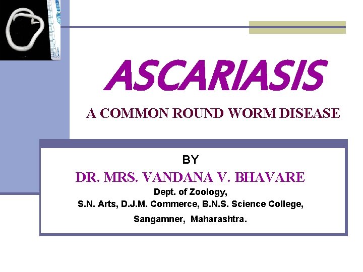 ASCARIASIS A COMMON ROUND WORM DISEASE BY DR. MRS. VANDANA V. BHAVARE Dept. of