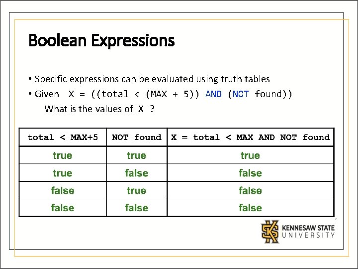 Boolean Expressions • Specific expressions can be evaluated using truth tables • Given X