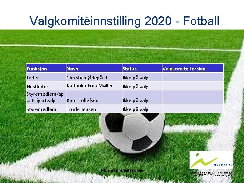 Valgkomitèinnstilling 2020 - Fotball Funksjon Navn Status Leder Christian Ødegård Kathinka Friis-Møller Ikke på