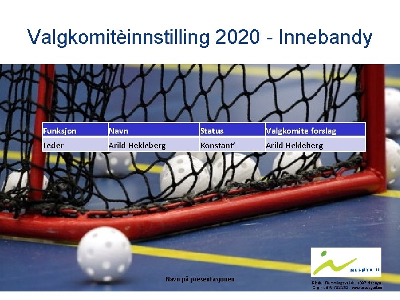 Valgkomitèinnstilling 2020 - Innebandy Funksjon Navn Status Valgkomite forslag Leder Arild Hekleberg Konstant’ Arild